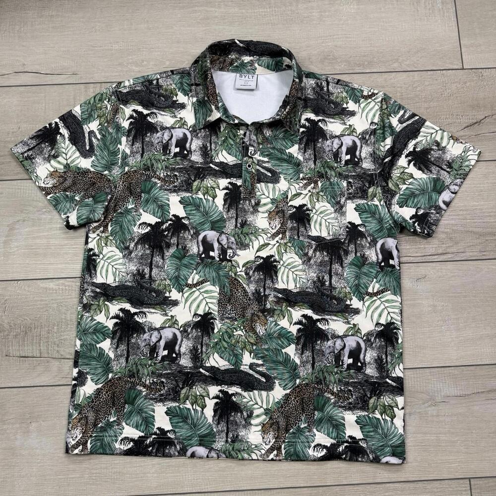 BYLT Printed Jungle Polo Shirt Size L Safari Graphic Stretch Performance Animal